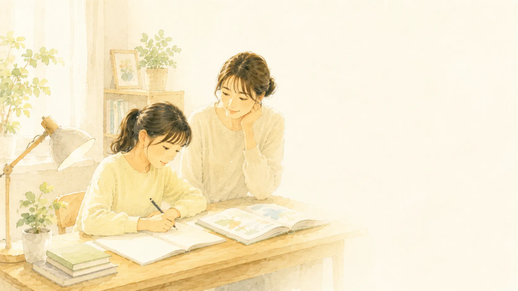 机に向かう小学校高学年の子と見守る親