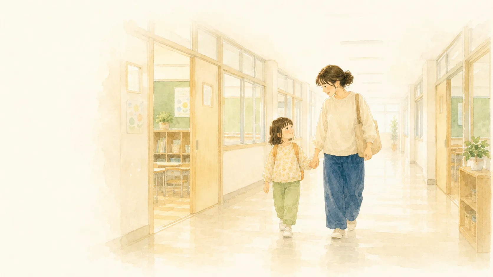 新しい校舎を見上げる小学生と親