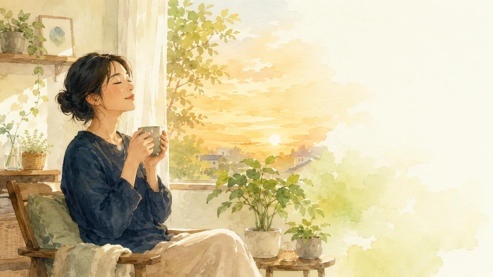 窓辺でお茶を楽しむ穏やかなひととき